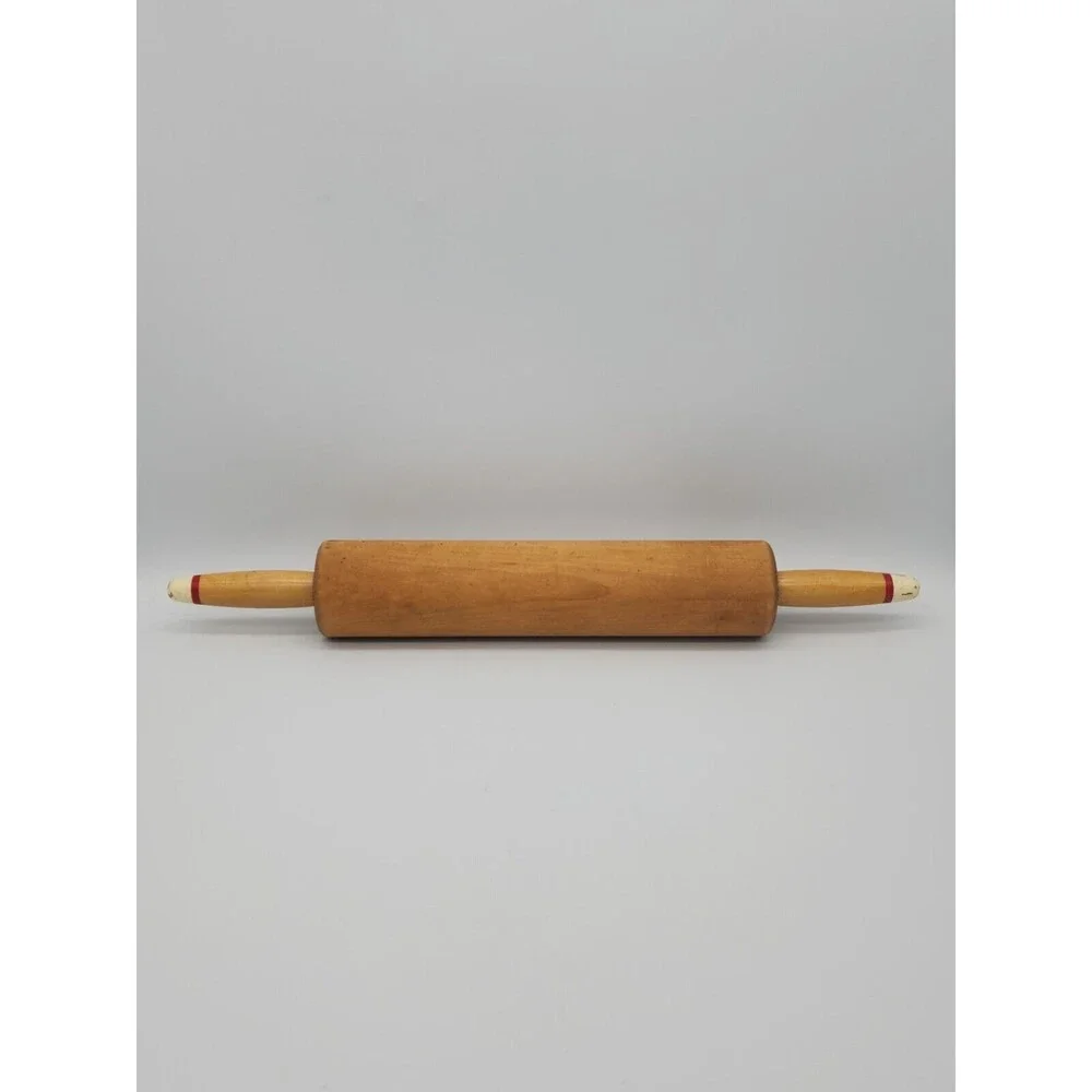 Vintage Wooden Rolling Pin Painted Red & Cream Tips of Wood Handles 18